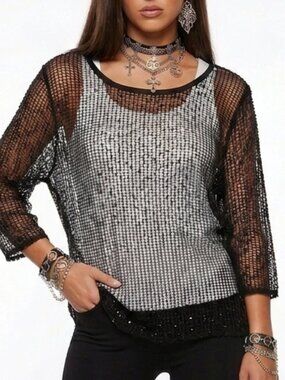 Black Mesh Sequin Top Cut Out Sheer Fairycore Grunge Whimsigoth Cyber Sheer Glam